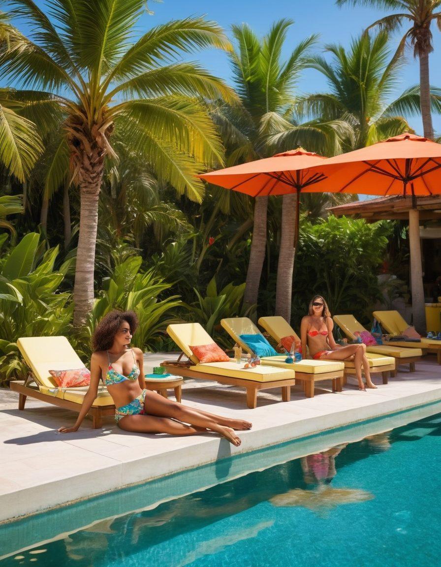 A vibrant beach scene showcasing stylish women of diverse ethnicities in colorful bikinis, lounging by a shimmering pool with palm trees swaying in the background. Include tropical cocktails on small tables and cheerful sun loungers, embodying a sense of joy and relaxation. The atmosphere should be bright and inviting, evoking the essence of resort wear. super-realistic. vibrant colors. sunny beach background.